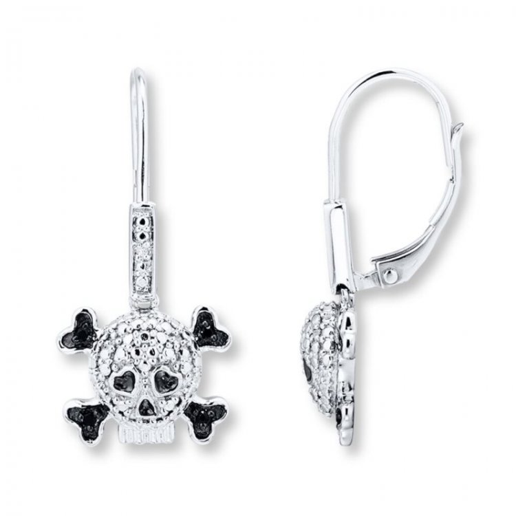 Skull  Cross-bones 1/20 cttw Diamonds Sterling Silver Earrings