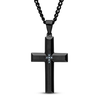 Men's Cross Necklace 1/20 ct tw Blue Diamonds Stainless Steel/Black Ion Plating 24