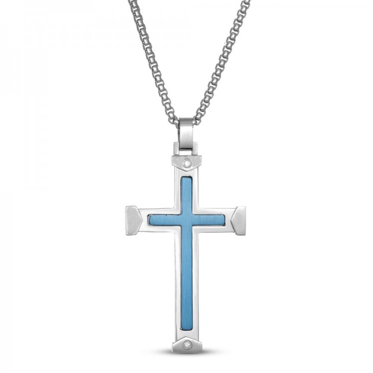 Mens Cross Necklace Diamond Accents Stainless Steel 24