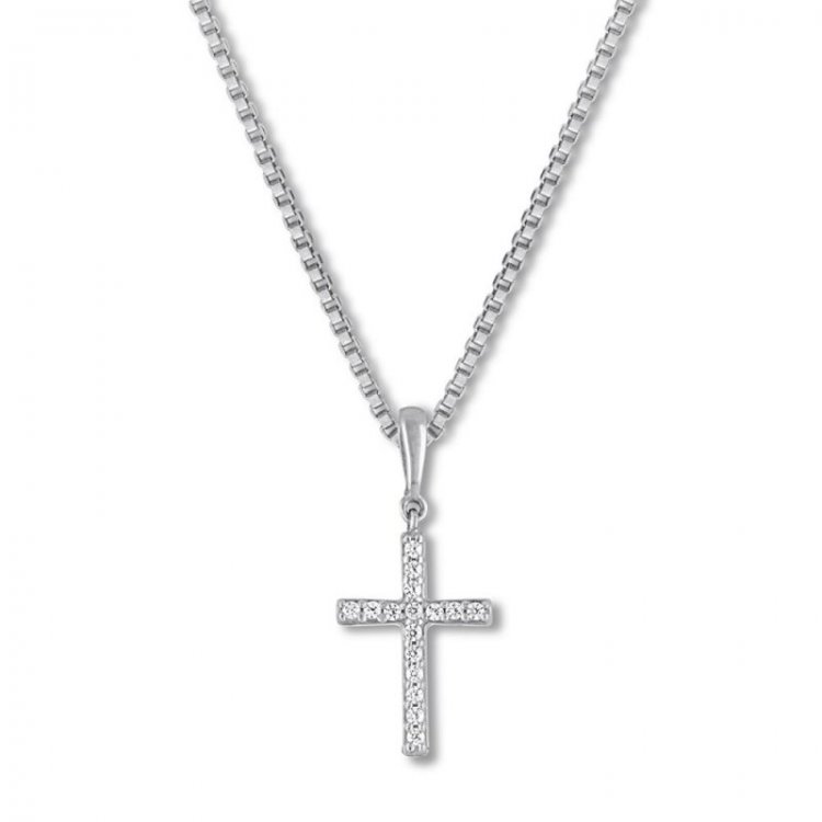 Diamond Cross Necklace 1/15 ct tw Round-cut 10K White Gold