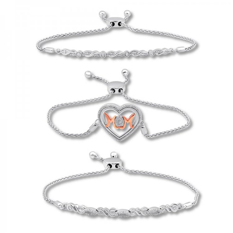 Diamond Mom Bolo Bracelet Set Sterling Silver/10K Rose Gold