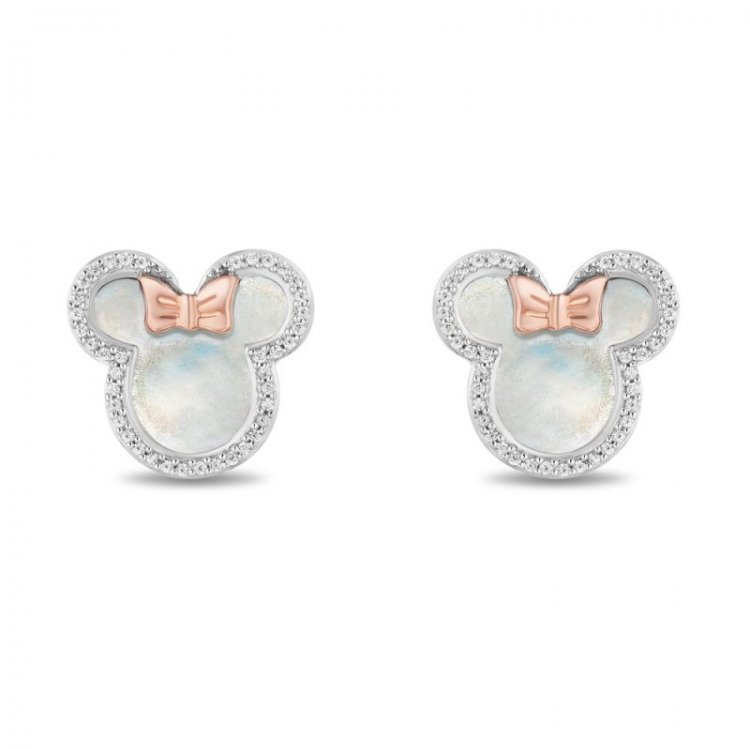 Treasures Minnie Mouse Mother of Pearl Earrings 1/6 ct tw Diamonds 10K Rose Gold Sterling Silver