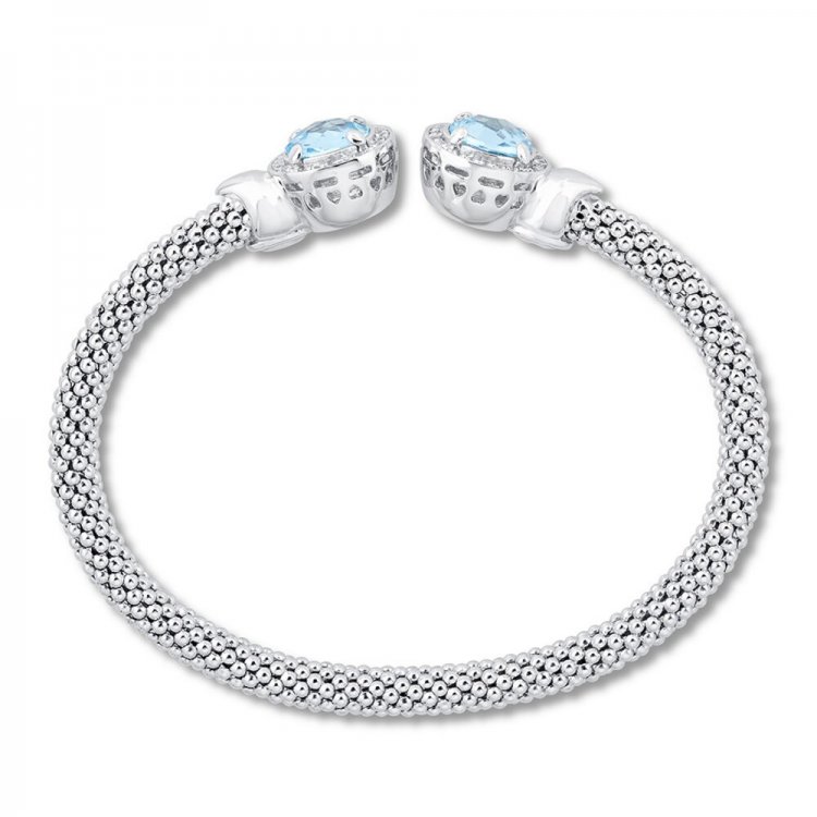 Blue  White Topaz Popcorn Mesh Cuff Bracelet Sterling Silver