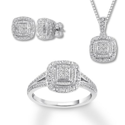 Diamond Boxed Set 7/8 ct tw Round/Baguette 10K White Gold